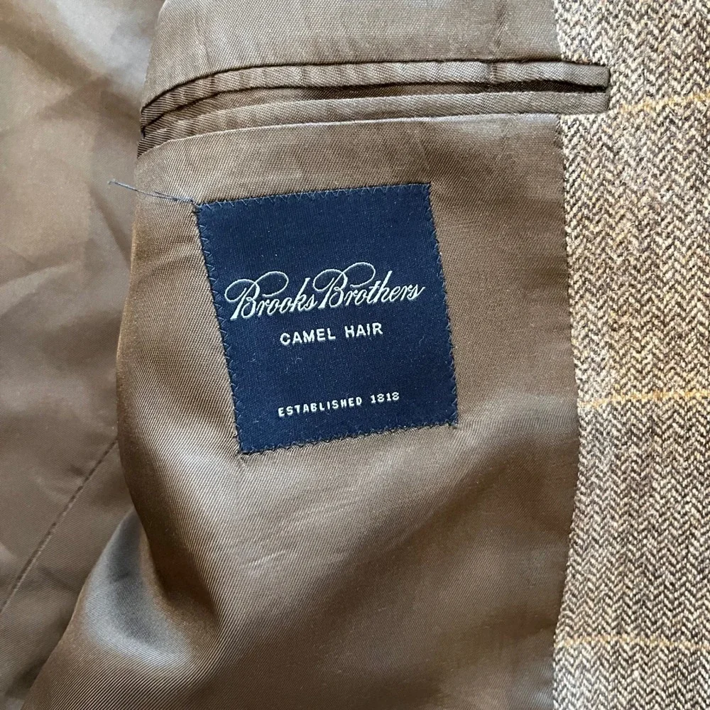 Brooks Brothers Camel‎ Hair Blazer Brown Herringbone Windowpane Sport Coat USA